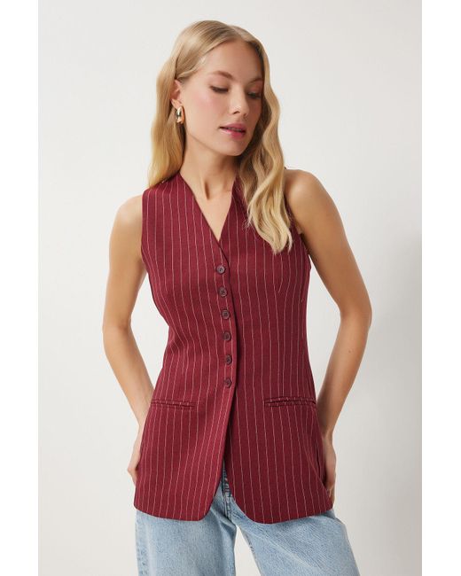 Happiness İstanbul Red Burgunderrote, Detaillierte, Gestreifte, Gewebte Fleto-Weste Für Damen
