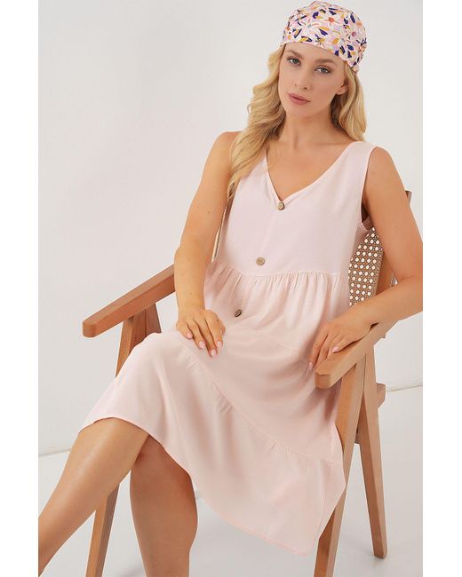 Bigdart Pink Zero Sleeve Button Short Dress 2571 Puder Für Damen