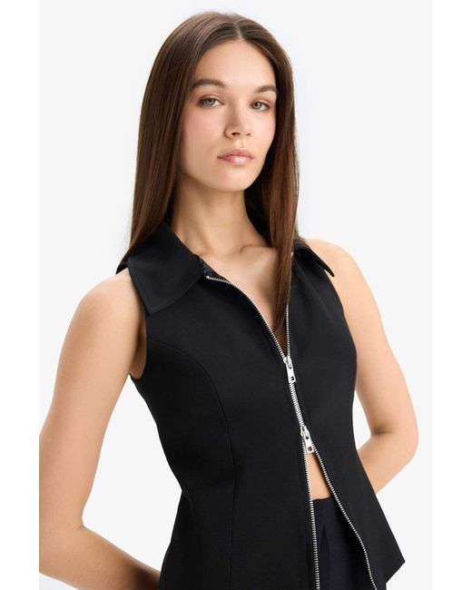 Defacto Black Afra X Ärmelloser Cardigan Mit Polokragen Und Reißverschluss E5969Ax25Sp Für Damen