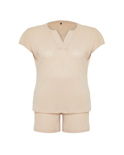 Trendyol White S pyjama-set aus strick mit v-ausschnitt und camisole-muster