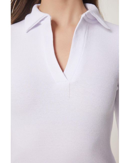 Happiness İstanbul Black 2-Teilige, Gerippte Strickbluse Mit Polokragen