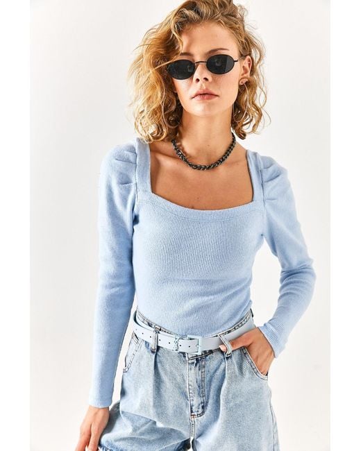 Olalook Blue Babyblaue, Plissierte Schalbluse Mit Quadratischem Kragen Und Ärmeln Für Damen