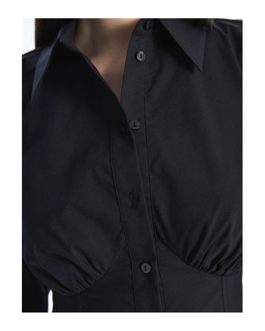 LC Waikiki Blue Popeline-Stoff – Einfarbiges, Langärmliges Crop-Hemd Für Damen