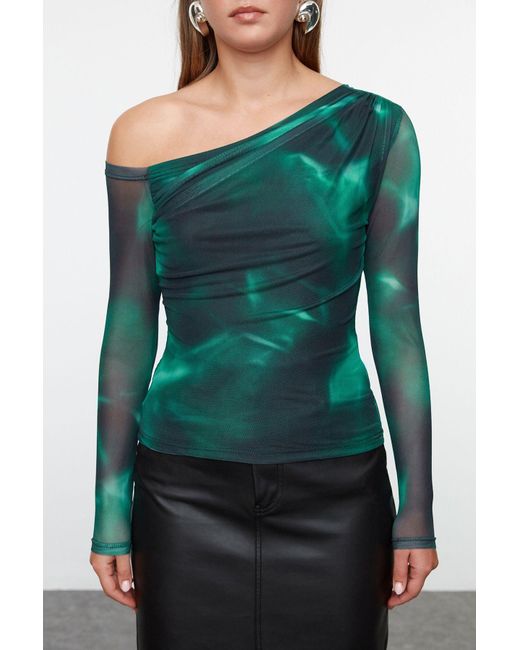 Trendyol Multicolor Mehrfarbige, Figurbetonte, Asymmetrische Tüllbluse Mit Gefüttertem Ausschnitt Für Damen