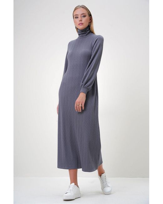 Trend Alaçatı Stili Blue Graues Rollkragen-Langkleid Aus Twist-Stoff Für Damen