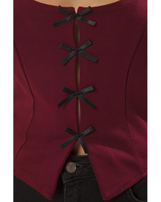 Trendyol Red Burgunderrote, Taillierte Strickbluse Mit Eckigem Ausschnitt Und Nullärmeln Und Schleifenbändern Für Damen