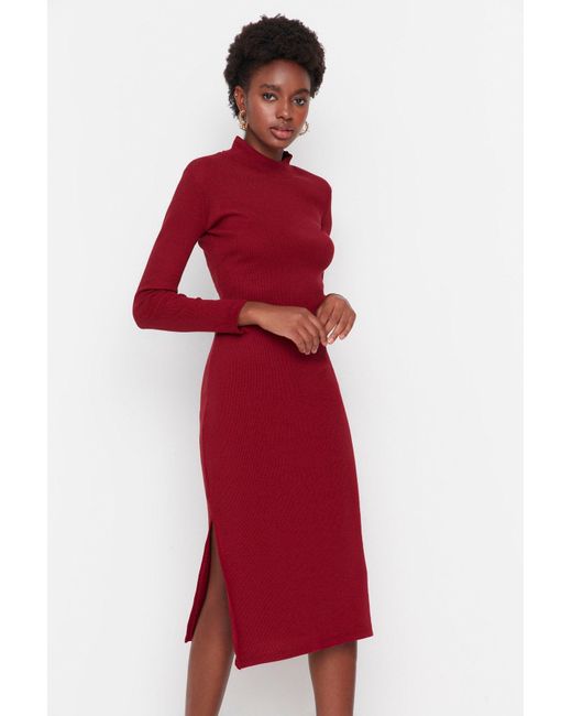Trendyol Red Flexibles Kordel-Strickkleid – Rundhals-Midikleid Mit Schlitzdetail, Burgunderrot Für Damen