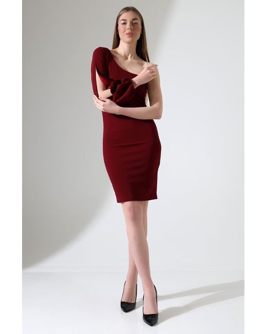 Deafox Red Burgunderrotes, Importiertes Kleid Aus Crêpe-Stoff Mit One-Shoulder-Ärmeln Für Damen