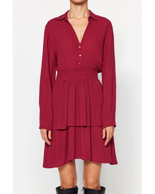 Trendyol Red Burgunderrotes Kleid Mit Elastischem Volant Und Mini-Taille Für Damen