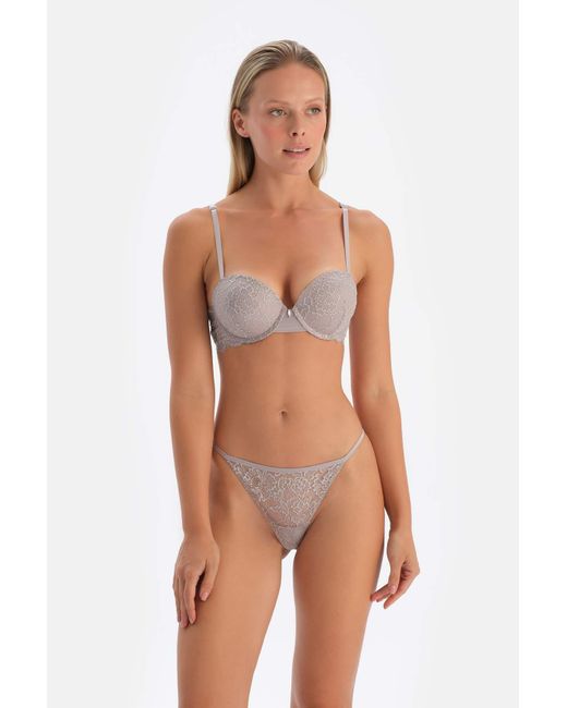 Dagi Multicolor Hellgrauer Push-Up-Bh – Spitze Und Steindetails Für Damen