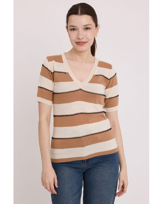 Bigdart Blue Cremefarbene Gestreifte Bluse Kurzarm, Biskuit 15869 Für Damen