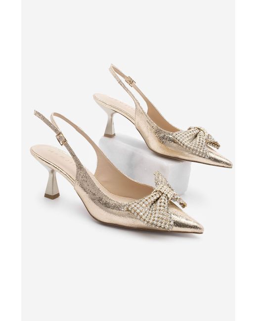 Marjin White Goldfarbene Stiletto-Schuhe Mit Spitzer Zehenpartie Und Schleifendetail Und Steinabsatz Für Damen