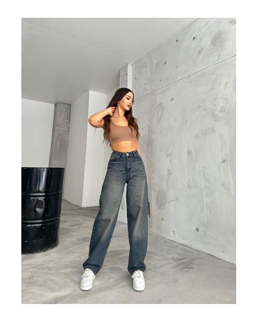 BİKELİFE Blue Locker Geschnittene, Bequeme Baggy-Jeanshose Mit Weitem Bein Für Damen