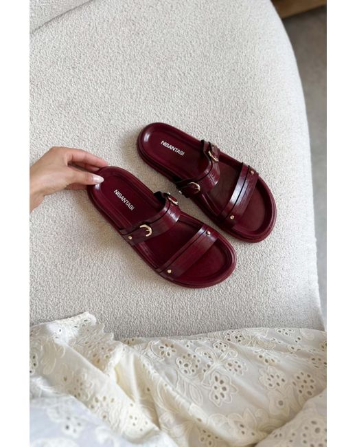 NİŞANTAŞI SHOES Multicolor Zizi Burgundy Matte Schnalle Detaillierte Doppel Band Flache Sohle Hausschuhe Für Damen