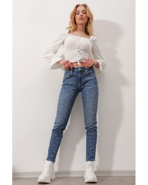 Trend Alaçatı Stili Blue Blaue Skinny Jeans Mit Hoher Taille Und Fünf Taschen Im Vogelaugen-Design Für Damen