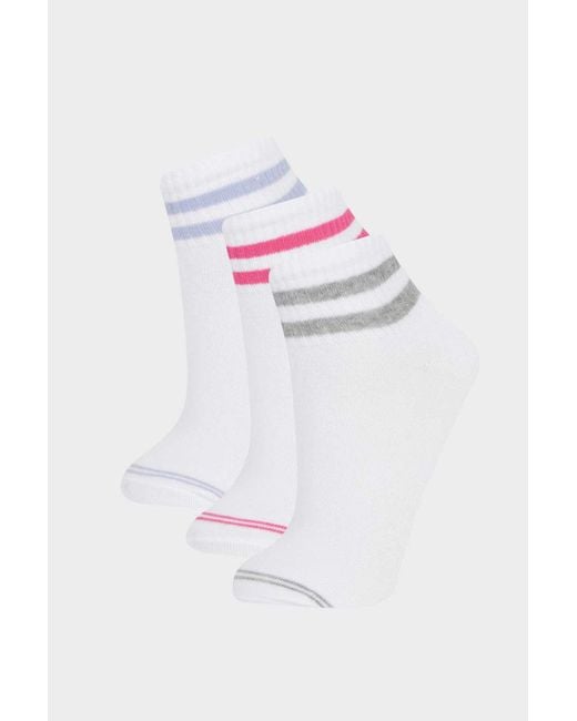 Defacto White 3-Teilige Baumwollstiefel Socken E2151Axns Für Damen