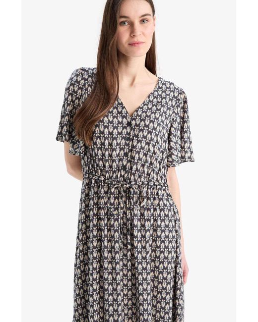 Defacto Multicolor V-Ausschnitt, Blumenmuster, Schnürung, Kurze Ärmel, Midi-Sommerkleid D2835Ax25Sm Für Damen