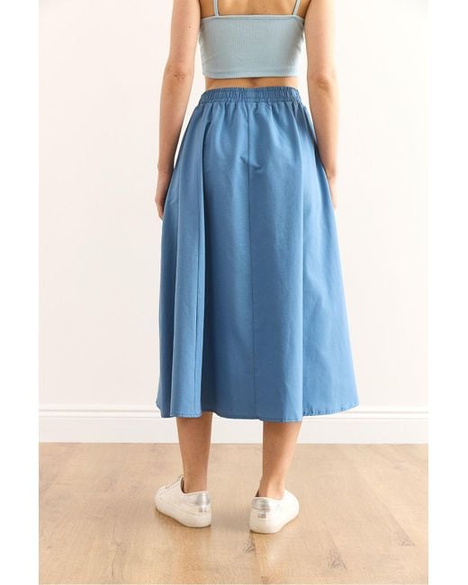 Olalook Blue Indigofarbener Midi-Glockenrock Mit Taschen Und Elastischem Bund Für Damen