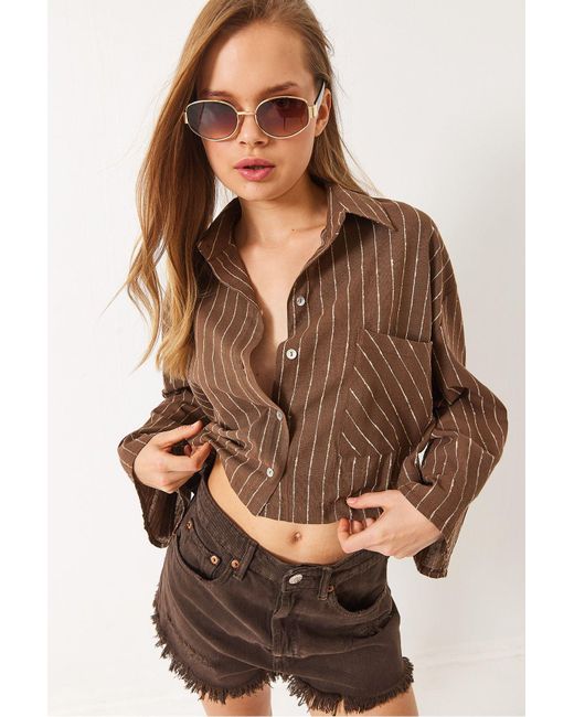 Bianco Lucci Brown Dünnes, Gestreiftes Crop-Leinenhemd 2016 Für Damen