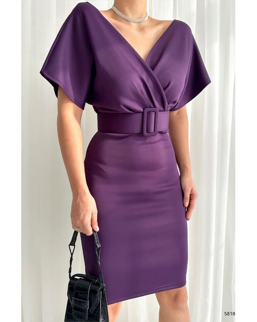Deafox Purple Lilafarbenes Scuba-Kleid Mit Zweireihigem Kragen Und Gürtel Für Damen