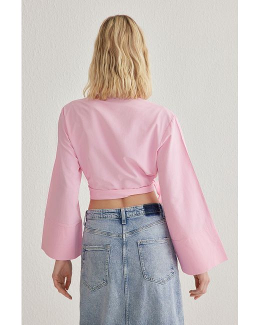 Trendyol Pink Rosafarbenes, Normales, Gewebtes Hemd Mit Bindedetail Für Damen