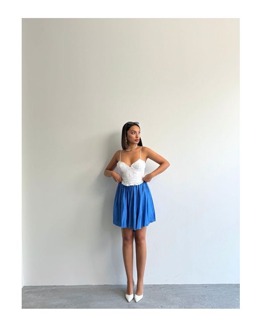 BEJNA Blue Blauer, Strukturierter, Plissierter Minirock Aus Modal Mit Shorts Für Damen