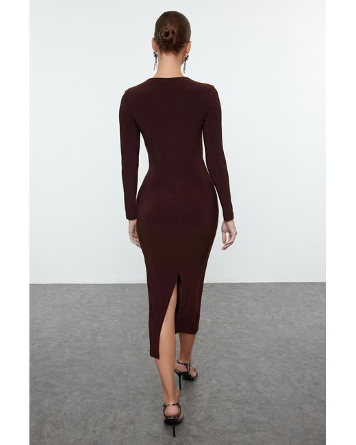 Trendyol Purple Braunes, Figurbetontes, Gestricktes, Stilvolles Abendkleid, Nachtabendkleid Für Damen