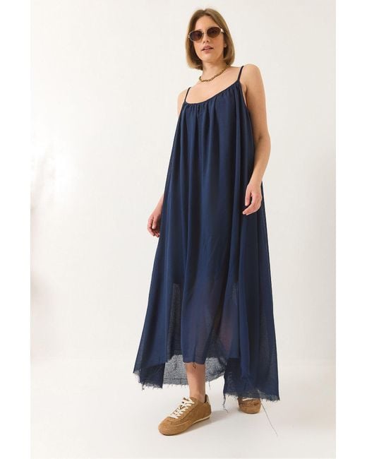 Bianco Lucci Blue Sommerkleid Aus Langem Leinen Mit Dünnem Träger Und Lockerem Futter Aus Baumwolle 5971 Für Damen