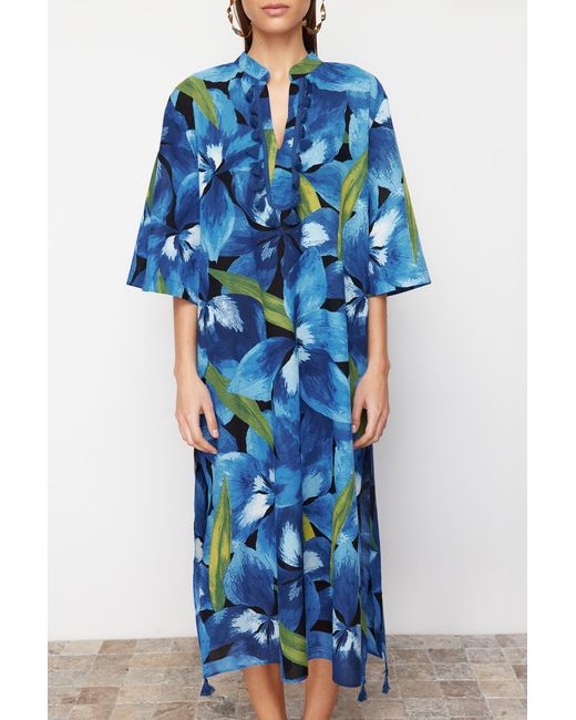 Trendyol Blue Grüner gewebter maxi-kimono und kaftan mit blumenmuster