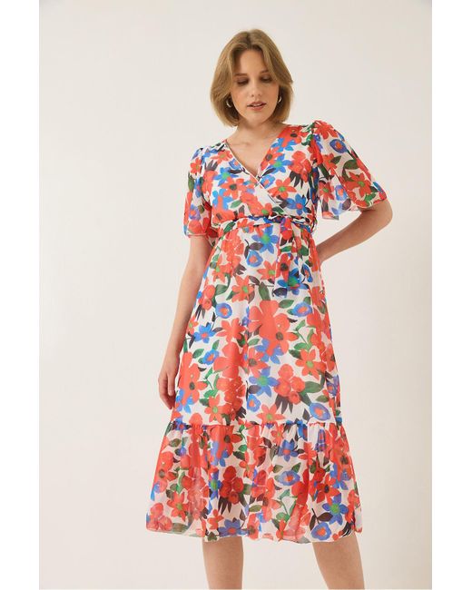 Bianco Lucci Red Chiffonkleid Mit Zweireihigem Ausschnitt, Elastischer Taille Und Gürtel, Gefüttert Und Gemustert Für Damen