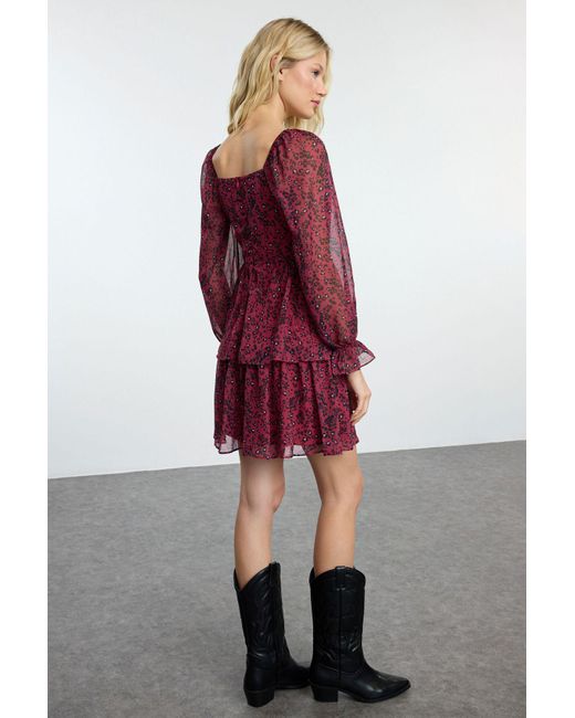 Trendyol Red Burgunderrotes Blumen-Minikleid Mit Rüschen – Für Damen