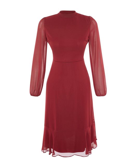 Trendyol Red Burgunderrotes Midi-Winterkleid Mit Stehkragen – Gefüttert, Gewebt Für Damen