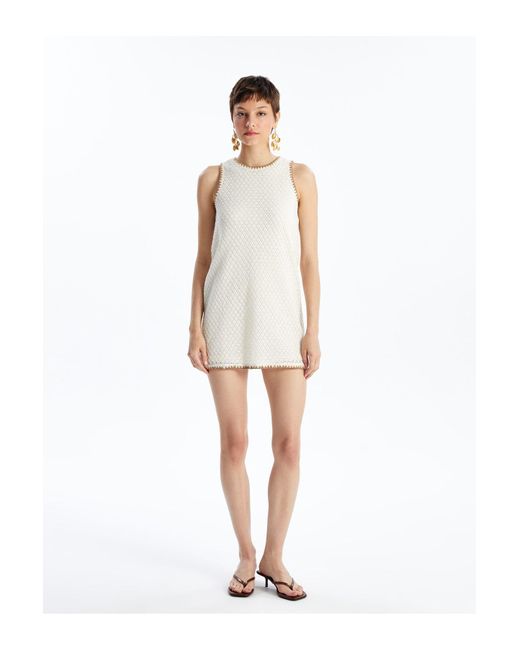 LC Waikiki White Kleid Rundhalsausschnitt Und Selbst Gemustert Für Damen
