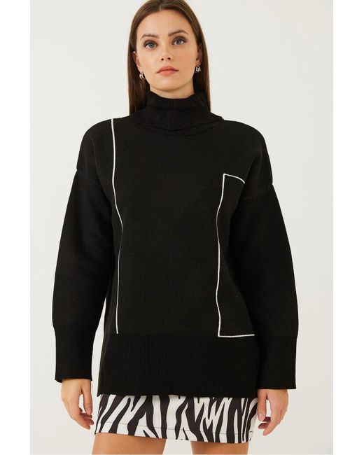 Bianco Lucci Black Geometrisch Gemusterter Rollkragenpullover Für Damen