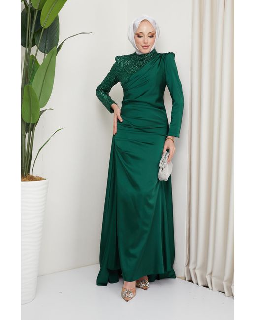 Olcay Green Abendkleid aus paillettentüll und satin mit volant-detail auf der vorderseite