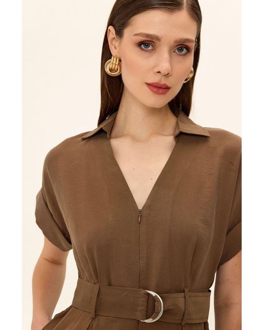 Olcay Natural Kurzärmliger Overall Aus Modal Mit Gürtel Für Damen