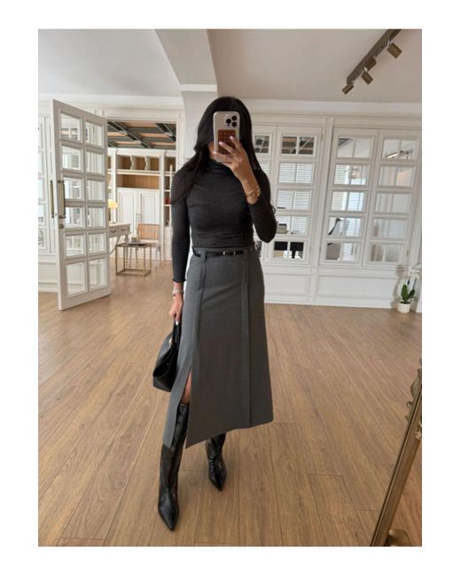 My Blog Gray Anthrazitfarbener Rock Mit Seitenschlitz Und Gürtel 240338 Für Damen