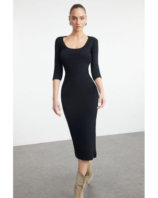Trendyol Blue Flexibel Figurbetontes Maxikleid, Langarm, Rundhalsausschnitt Für Damen