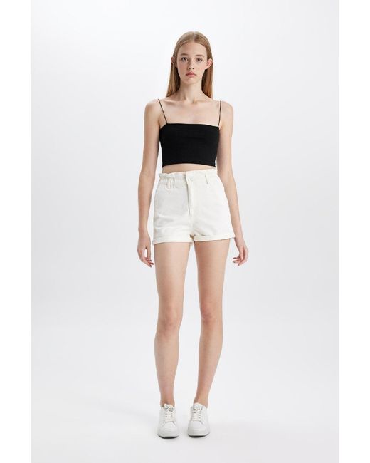 Defacto White Jeansshorts Mit Hoher Taille Und Gefaltetem Paperbag-Schnitt C2434Ax24Hs Für Damen