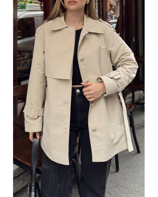 Olcay Black Gefütterter Kurzer Trenchcoat Mit Umhang Und Gürtel-Detail Bej Für Damen