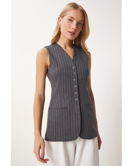 Happiness İstanbul Gray Anthrazitfarbene, Detaillierte, Gestreifte, Gewebte Fleto-Weste Für Damen