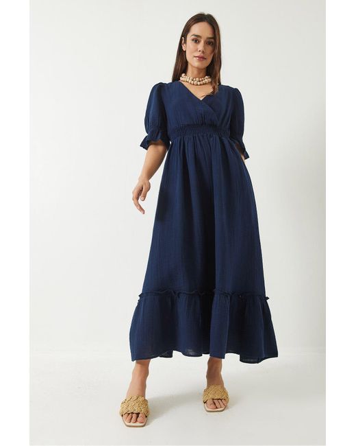 Bianco Lucci Blue Langkleid Mit Zweireihigem Ausschnitt, Ärmeln Und Elastischem Bund 3018 Für Damen