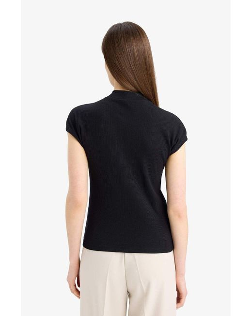 Defacto Black Slim Fit Revers Basic Ärmel Kurzarm T-Shirt Für Damen