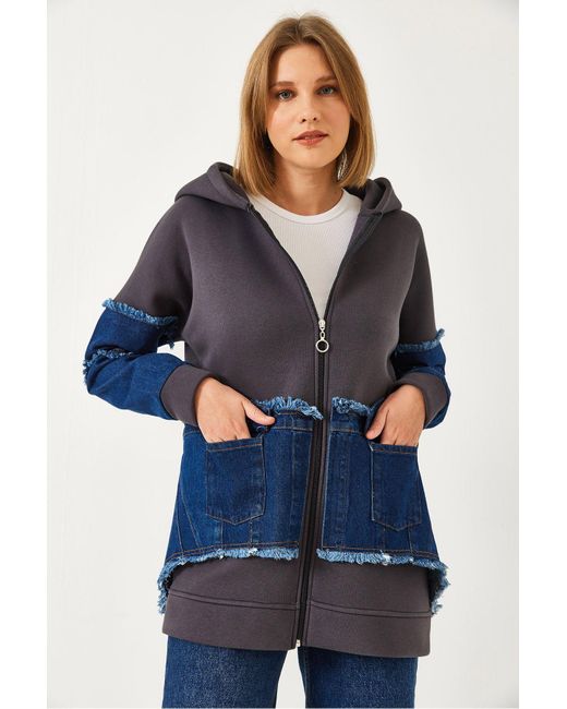 Bianco Lucci Blue Strickjacke Mit Denim-Taschendetail Und Drei Fäden Für Damen