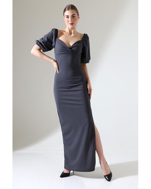 Deafox Gray Graues Maxikleid Aus Kreppstoff Mit Zweireihigem Ausschnitt Und Ballonärmeln Und Schlitzdetail Für Damen