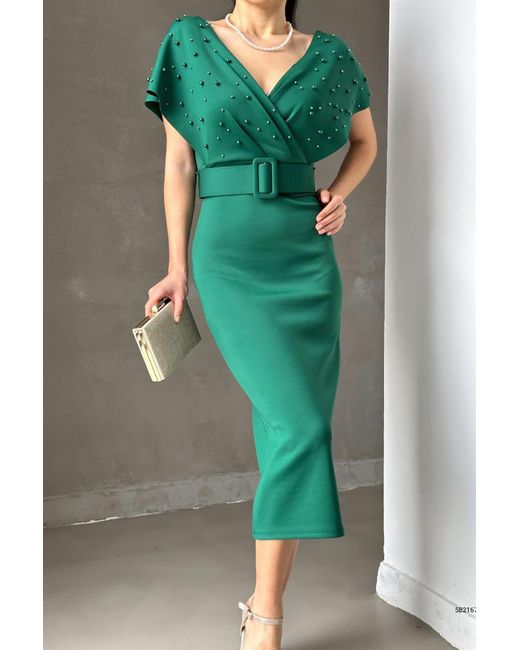 Deafox Green Grünes Kleid Aus Scuba-Stoff Mit Gürtel Und Perlenverzierung Für Damen