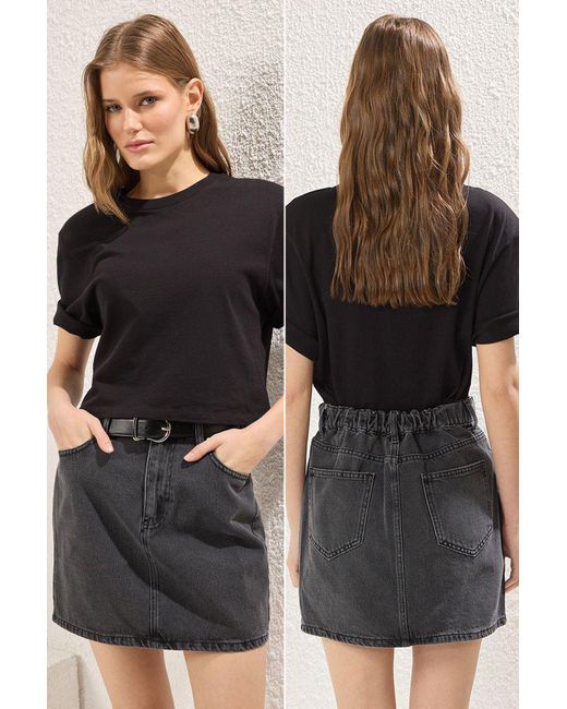 Trendyol Black Schwarzer, Mehr Haltbarer Mini-Jeansrock Mit Elastischer Taille Für Damen