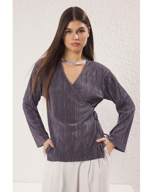 Trendyol Purple Anthrazitfarbene, Plissierte, Zweireihige, Lange Strickbluse Mit Bindedetail Für Damen
