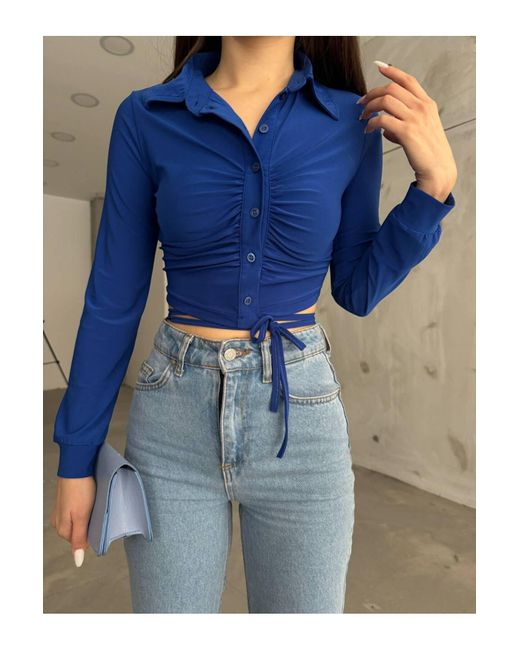 BİKELİFE Blue Bikelife gerafftes hemd aus em sandy-stoff mit seildetail an der taille