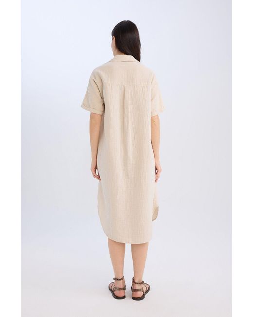 Defacto Natural Basic-Musselin-Midikleid Mit Polokragen – Kurze Ärmel, Knopfleiste, Normale Passform D5363Ax24Au Für Damen